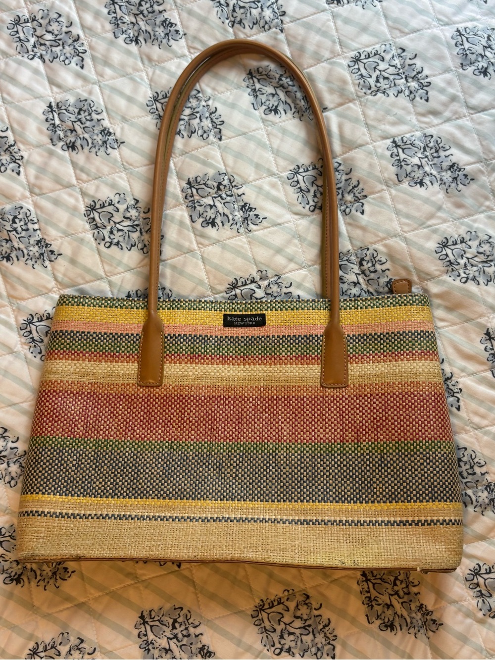 kate spade Multicolor Striped Straw Tote with Tan Handles